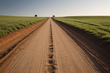Naklejka premium dirt road with tracks in the middle of a field with a lone tree