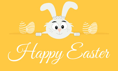 Happy Easter, White hare, rabbit on yellow background. Vector illustration