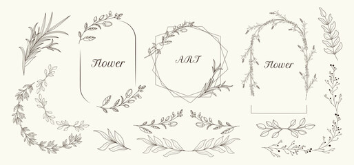 Frame. Single line art. Minimalistic herbal botanical set of border. Collection of trendy hand drawn flowers. Frame. Single clip art. Silhouette. Elements. Cut out. Circles textbox. Boho. Floral