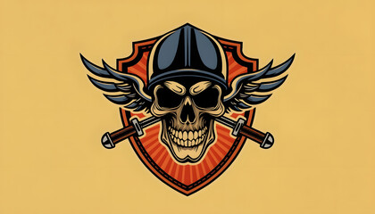 Fototapeta premium illustration of skull biker in shield, vintage logo style, ai generate, pop-art, with white tones
