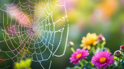 Delicate spider web captured in morning dew among colorful flowers nature scene garden viewpoint serenity concept
