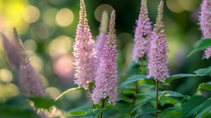Obraz premium Delicate pink flower blooms in nature's garden close-up photography vibrant greenery serene atmosphere
