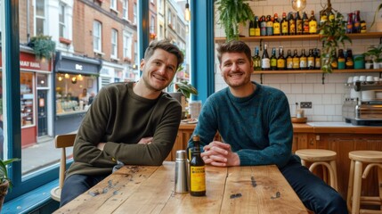 Two hospitality entrepreneurs smile while discussing business strategies in a vibrant coffee shop
