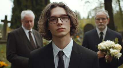 Young caucasian male at funeral gathering in cemetery with mature men holding flowers.