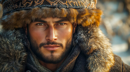 Kazakh man wearing a traditional fur hat