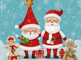 Merry christmas greeting text and christmas characters like santa claus reindeer and snowman