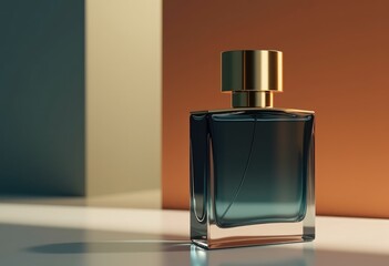 A glass bottle of perfume with a gold cap on a white surface.