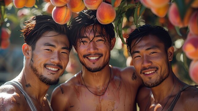 Three happy young Asian men with well-defined abs exchange smiles in a forest filled with ripe pink peaches, captured in a flat cyberpunk American retro painting style.