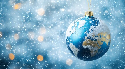 Blue Christmas globe ornament featuring a detailed world map design, hanging against a snowy background with copy space for festive banners