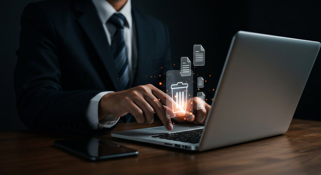 Businessman Deleting Files with Laptop and Recycle Bin Icon - Powered by Adobe