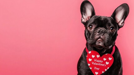 A charming French bulldog holds a card with Happy Valentine's Day on a vibrant backdrop. Banner with copyspace.