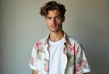 A young man with brown hair and a floral shirt is standing in front of a plain wall.