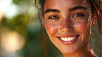 Fototapeta premium smiling young woman with freckles in a natural setting