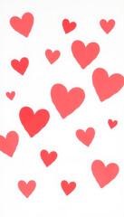 A scattered confetti pattern of hearts in soft red tones on a white background. Ideal for romantic and festive designs.