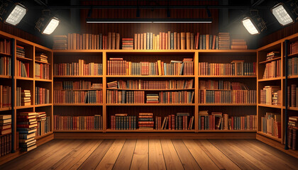 vintage studio photo backdrop with shelves full of books, vector style, with white tones