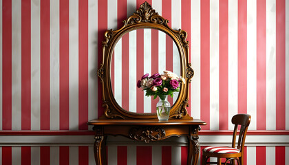 antique mirror textured background with a red and white striped pattern, a wooden table with a vase of flowers, and a wooden chair with a red and white striped pattern, vector style