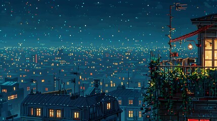 Evening city skyline with twinkling lights and a balcony garden at night