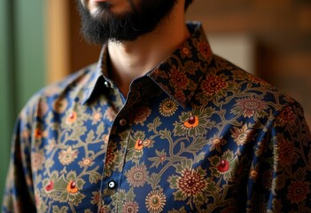 Closeup of a man wearing a blue floral button up shirt.