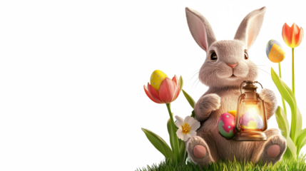 Colorful Easter bunny holding lantern surrounded by flowers and decorated eggs in springtime garden