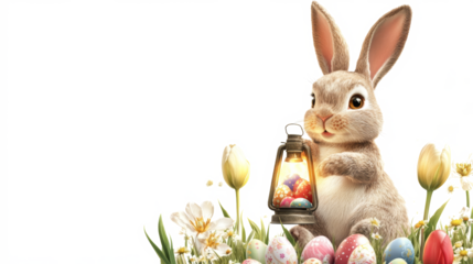 A whimsical Easter Bunny holding a lantern surrounded by decorated eggs and flowers during Easter celebration on transparent background