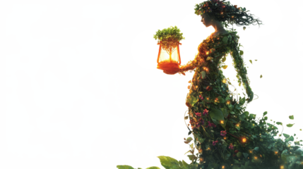 An Earth Day nature spirit embodies greenery while holding a glowing hourglass in a lush, vibrant setting on transparent background