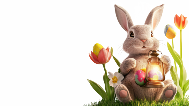 Colorful Easter bunny holding lantern surrounded by flowers and decorated eggs in springtime garden