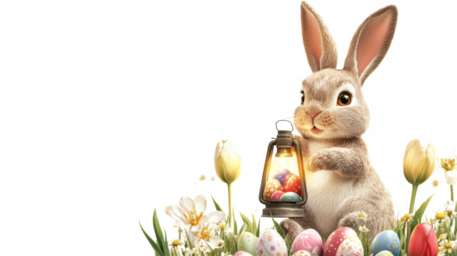 A whimsical Easter Bunny holding a lantern surrounded by decorated eggs and flowers during Easter celebration on transparent background