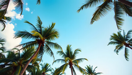Obraz premium Looking up at blue sky and palm trees, view from below, vintage style, tropical beach and summer background, travel concept, craft clay, with white tones
