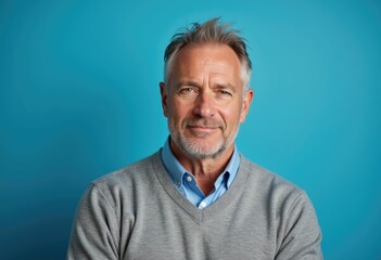Obraz premium A man with a beard and gray hair smiles gently against a blue background.