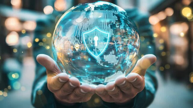 A person holds a glowing globe with a security shield icon. Cyber security technology concept