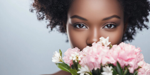 Fototapeta premium Beautiful woman holding pink flowers with a serene expression