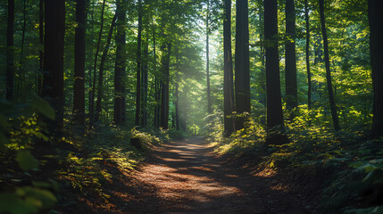 Fototapeta premium A lush and serene forest pathway surrounded by towering trees and dappled sunlight, ultra-realistic. Dappled. Illustration