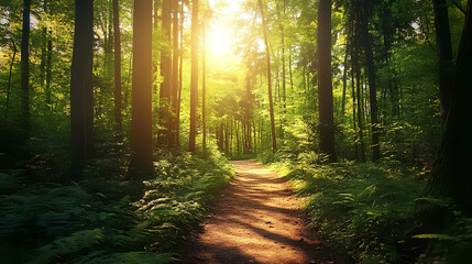 Obraz premium A lush and serene forest pathway surrounded by towering trees and dappled sunlight, ultra-realistic. Dappled. Illustration