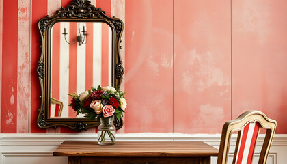 antique mirror textured background with a red and white striped pattern, a wooden table with a vase of flowers, and a wooden chair with a red and white striped pattern, angled photoshot