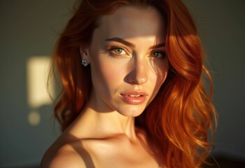 Fototapeta premium A woman with long red hair looks directly at the camera.
