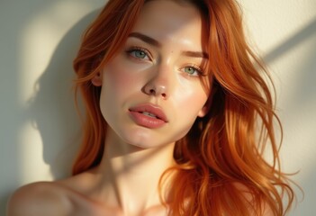 Naklejka premium Close up portrait of a woman with red hair and green eyes bathed in sunlight.