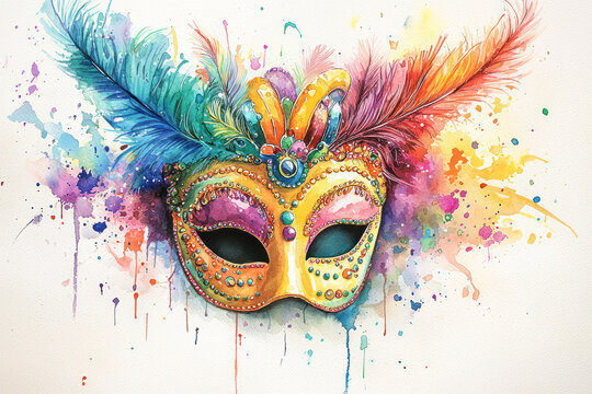 Mardi Gras watercolor illustration of an ornate carnival mask adorned with colorful feathers, gemstones, and vibrant details.