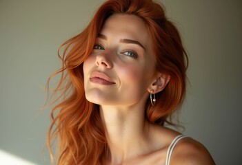 Fototapeta premium A woman with long red hair and a warm smile wearing hoop earrings