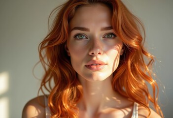 Naklejka premium A woman with long wavy red hair looks directly at the camera.