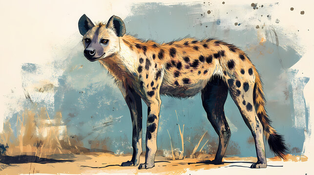 A spotted hyena stands with a focused gaze. Dappled. Illustration