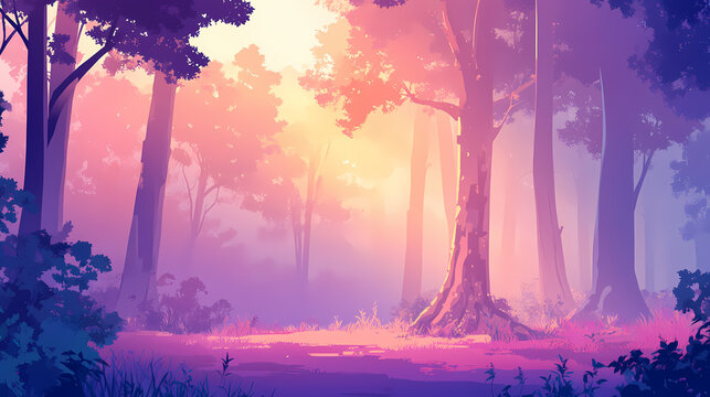 A tranquil forest backdrop with tall trees, a soft mist, and dappled sunlight, creating a peaceful and enchanting scene. Dappled. Illustration