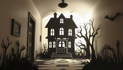 Fototapeta premium Old Haunted House - Hallway, Paper Cutout style, with white tones