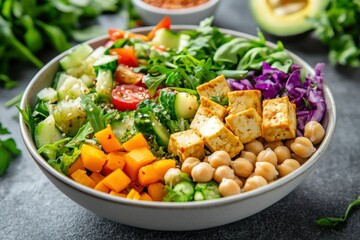 Fresh and Colorful Plant-Based Salad Bowl with Tofu, Chickpeas, and Seasonal Vegetables for a Healthy Lifestyle and Nutritious Meal Option
