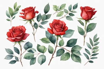 there are four red roses with green leaves on a white background