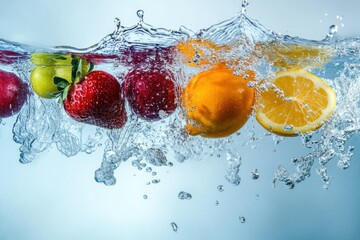 Fresh Fruits Splashing in Clear Water with Bubbles Creating a Vibrant and Refreshing Visual Appeal for Healthy Lifestyle and Culinary Themes