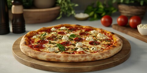 National Pizza Day Delicious Pepperoni Pizza with Pesto Ricotta Cheese