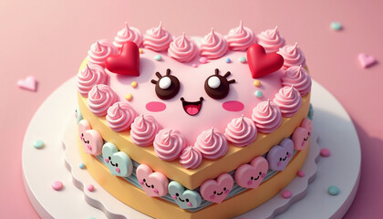 Cute heart-shaped cake with smiling face and colorful decorations on pink background, heart-shaped cake, Valentine's Day concept
