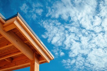 Roof Edge with Wooden Structure Against a Bright Blue Sky and Fluffy Clouds, Evoking a Sense of Tranquility and Outdoor Serenity in Architectural Design