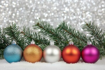 Colorful Christmas ornaments lined up with evergreen branches and festive background in a winter...