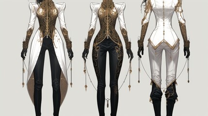  A concept design sheet of an elegant and sophisticated outfit for the character, blending Victorian aesthetics with futuristic elements, featuring black pants or leggings paired with a white blouse o